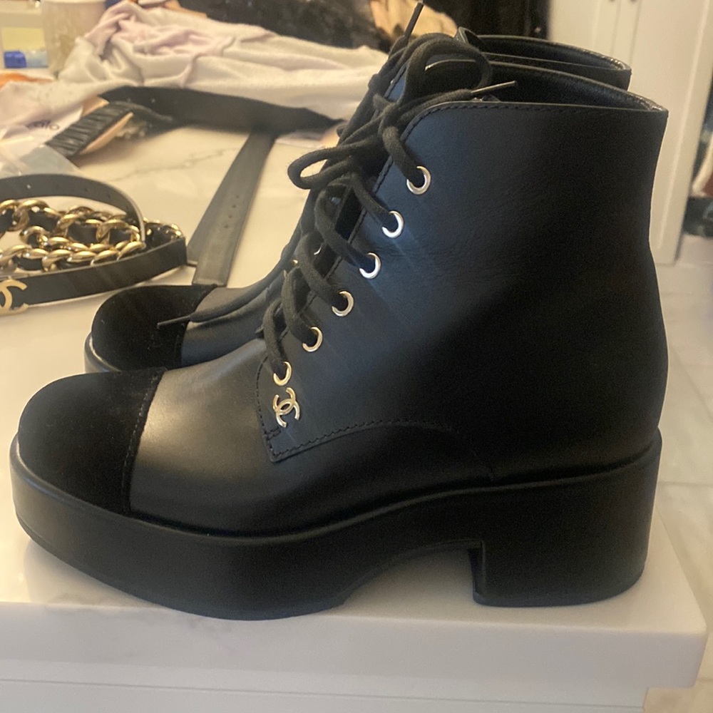 Brand new Chanel leather/velvet lace up booties. Comes with full set.